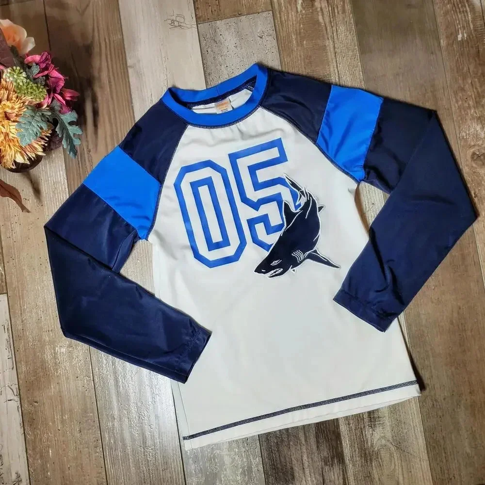 Gymboree Boys Size Large 10-12 White & Blue Shark Long Sleeve Rashguard UPF 50+